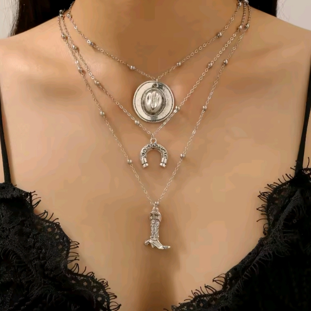 Silver Western Layered Necklace Set Cowboy Boot Horseshoe & Hat Charms